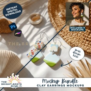 May include: A mockup bundle featuring two pairs of clay earrings. One pair has a colorful beach umbrella pattern, the other has a blue and green landscape design. The image includes text that says "Instant Digital Download" and "Mockup Bundle Clay Earrings Mockups".