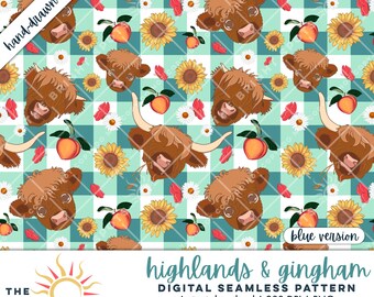 Highland Cow Gingham Seamless Pattern Peaches Sunflowers Daisies Butterflies Farm Animal Boho Country Rustic Sublimation PNG Digital File