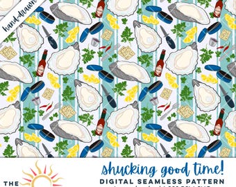 Oyster Shucking Seamless Pattern Digital Download Hand Drawn Foodie Design Lemons Hot Sauce Crackers Caviar Wine PNG File