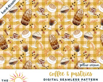 Cottagecore Seamless Pattern Coffee and Pastry Clipart PNG Digital Download Bakery Decor Cozy Kitchen Wall Art Latte Aesthetic Print