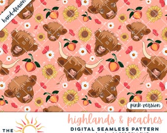 Pink Highland Cow Seamless Pattern Peaches Sunflowers Daisies Butterflies Farm Animal Boho Country Rustic Sublimation PNG Digital Download