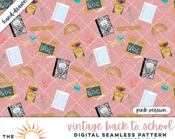 pink school seamless pattern vintage crayons digital paper retro notebook back to school classroom clipart teacher gift idea printable png