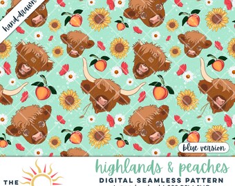 Highland Cow Seamless Pattern Peaches Sunflowers Daisies Butterflies Farm Animal Boho Country Rustic Sublimation PNG Digital Download