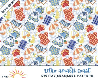 Retro Amalfi Coast Seamless Pattern Digital Download Swimsuit Beach Umbrella Lemon Tile Summer Italy Travel PNG Clipart Print Hand Drawn