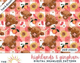 Highland Cow Pink Gingham Seamless Pattern Peaches Sunflowers Daisies Butterflies Farm Animal Boho Rustic Sublimation PNG Download