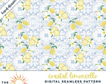 coastal limoncello seamless pattern digital paper lemon tile summer design png citrus mediterranean printable retro kitchen fabric scrapbook