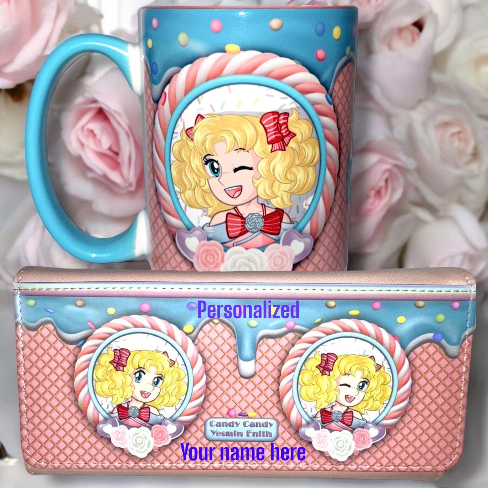 Candy Candy Personalized PU Leather Wallet & 15oz Ceramic Mug Gift Set – Cute Anime Girl Design, Custom Name Gift for Fans.