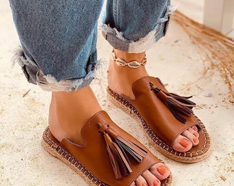 Women's Flat Sandals Pu Leather Shoes 2022 Casual Handmade - Etsy Ireland