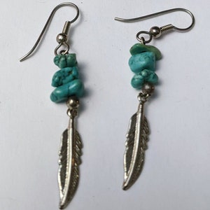 Beautiful pair of silver feather drop earrings with turquoise stem