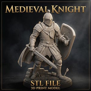 Medieval Knight STL File, Knight Statue 3D Print Model, Armored Warrior with Sword and Shield, Fantasy Knight 3D Printable STL