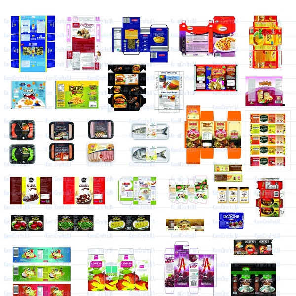 70 Printable Miniature Food Packaging for Miniature Dollhouse 1:12 scale | Miniature Food and Drinks | Grocery Store | Digital File