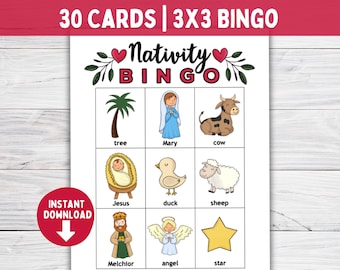 Puede incluir: Una tarjeta de bingo imprimible de 3x3 con un tema de Natividad. La tarjeta presenta imágenes de un árbol, María, una vaca, Jesús, un pato, una oveja, Melchor, un ángel y una estrella. El texto "Nativity Bingo" está en la parte superior de la tarjeta.
