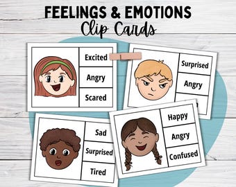 Feelings and Emotions Clip Cards with Diverse Kids, Preschool or Kindergarten Activity, Play Therapy, Social Work, SEL Emotional Learning