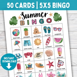 Sommer-BINGO-Karte für Kinder und Jugendliche, druckbare Klassenzimmeraktivität zum Schuljahresende, Partyspiele zum letzten Schultag, 50 Karten und Marker