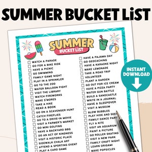 Lista de baldes de verão para crianças | Lista de verificação de atividades de verão para impressão | Lista de tarefas da família de verão