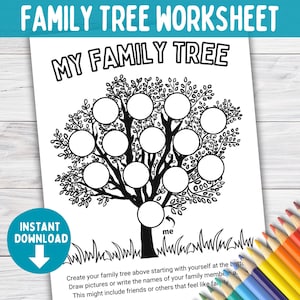 May include: A black and white family tree worksheet with the text "MY FAMILY TREE" at the top. The worksheet has a tree design with circles for family members. A bundle of colored pencils is in the bottom right corner.
