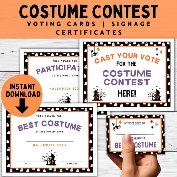 Halloween Costume Contest Award Certificate | Printable Voting Ballot Cards and Sign | Classroom Halloween Party for Kids | Best Costume