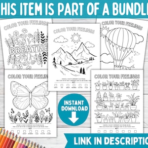 May include: A set of five printable coloring pages with the text "Color Your Feelings" and different images to color. The images include a butterfly, mountains, a hot air balloon, plants, and flowers with the word "Breathe".