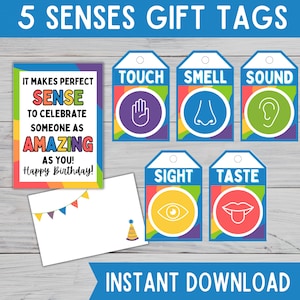 Étiquettes-cadeaux et carte Five 5 Senses pour enfants | Cadeau d'anniversaire sensoriel | Étiquette cadeau d'anniversaire imprimable | Cadeau pour enfant | Etiquettes cadeaux arc-en-ciel
