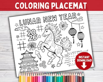 Chinese Lunar New Year Coloring Placemat Printable, 2026 Preschool Classroom Craft Activities, Fire Horse Art Colouring Page Sheet