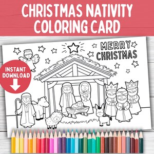 Christmas Nativity Coloring Card  Printable | Christian Holiday Party Craft |  Preschool Classroom Art Activities | Colouring Page Sheet