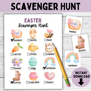 May include: A printable Easter scavenger hunt featuring watercolour illustrations of a basket, lamb, bee, carrot, chick, cookie, flower, egg, rainbow, bunny, cupcake, and heart. The words "Scavenger Hunt" and "Easter" are at the top.