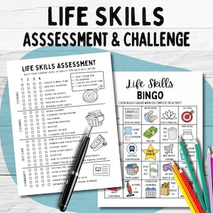 May include: Two white paper sheets featuring black text and line art illustrations. One sheet is titled Life Skills Assessment with a rating scale and task list. The other is a Life Skills Bingo card with colorful icons. A black pen and colored pencils are present.