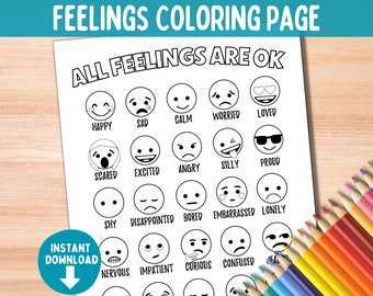 Feelings Coloring Page | School Social Work | Worksheets for Kids and Teens | Emotions Chart | All Feelings are OK Okay | Play Art Therapy