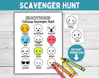 Emotions Coloring Scavenger Hunt Game, Play Therapy CBT Tools, Preschool Feelings Activity, SEL and Social Skills, Mental Health Counseling