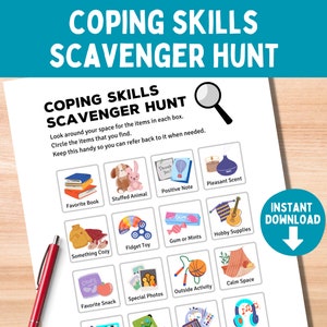 Juego de búsqueda del tesoro de habilidades de afrontamiento para niños y adolescentes imprimible / Terapia de juego infantil / Trabajo social