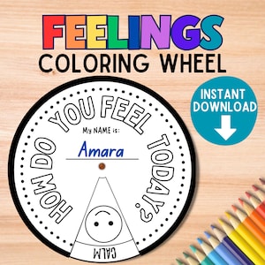 Rueda de sentimientos para colorear para niños / Gráfico de la rueda de las emociones / Regulación emocional / Terapia de juego artístico / Trabajo social escolar / Asesoramiento