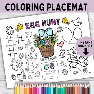 May include: A printable coloring placemat featuring an Easter egg hunt theme. The placemat includes a tic-tac-toe game, a maze, a basket of eggs, and a section to count the eggs. The text "EGG HUNT" and "HAPPY EASTER" are included on the placemat.