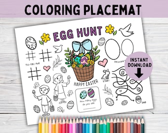 Mantel individual para colorear de Pascua imprimible / Página para colorear de búsqueda de huevos para niños / Actividad artesanal de decoración de Pascua / Tapete para colorear
