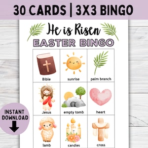 Christliche Vorschule BINGO druckbare Osterkarte für Kinder, religiöse Bildungsaktivitäten, Sonntagsschule, Bibelspiele, Er ist auferstanden