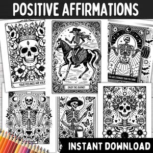 Páginas para colorear de afirmaciones para adolescentes y adultos, hojas de trabajo de cartas del tarot con esqueletos para terapia de arte de salud mental para el amor propio, la ansiedad y la depresión