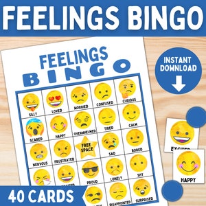Emozioni Sentimenti Gioco BINGO per bambini e adolescenti / Carte Bingo Emoji stampabili / SEL in classe o attività terapeutica di gruppo / Lavoro sociale scolastico