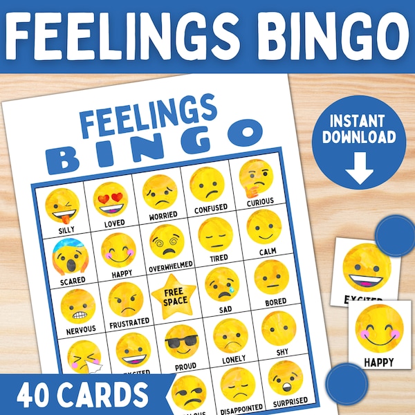 Emotions Feelings BINGO Game for Kids and Teens | Printable Emoji Bingo Cards | Classroom SEL or Group Therapy Activity | School Social Work