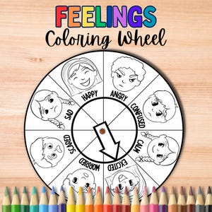 Feelings Wheel Coloring Craft for Kids, Emotions Chart, Emotional Regulation, Art Play Therapy Tools, School Social Work, CBT Counseling