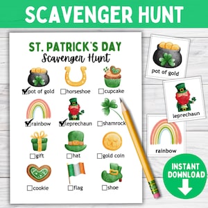May include: A St. Patrick's Day scavenger hunt printable with illustrations of a pot of gold, horseshoe, cupcake, rainbow, leprechaun, shamrock, gift, hat, gold coin, cookie, flag, and shoe. The words "Scavenger Hunt" and "St. Patrick's Day" are at the top.