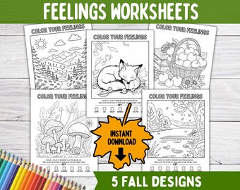 Feelings Emotions Autumn Fall Coloring Page for Kids, Art Play Therapy Worksheet, School Social Work, CBT Coloring Sheet for Adults and Kids