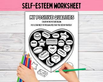 Self-Esteem SEL Worksheet for Kids, Art Play Therapy Valentine's Day Coloring Sheet, School Social Work, Positive Self-Talk Activity