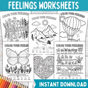 Feelings Coloring Page BUNDLE for Kids Teens or Adults | Emotions Check-in Therapy Worksheet | School Social Work | Therapy Template Tools