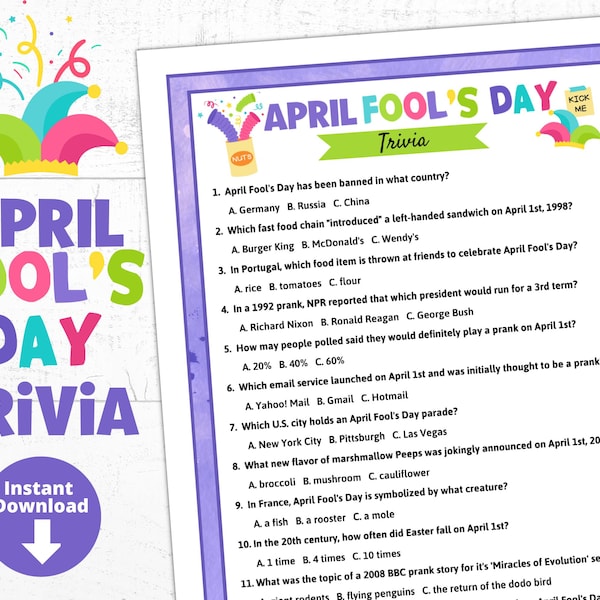 April Fools Day Trivia Game | Printable April Fool's Trivia Questions Quiz | Family Party Game Night