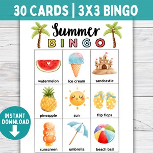 Carte BINGO estive Attività prescolari, Attività in classe stampabile di fine anno scolastico, Giochi per feste dell'ultimo giorno di scuola dell'asilo PreK