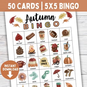 Tarjeta de bingo de otoño para niños y adolescentes, actividad imprimible para niños en el aula, juegos de fiesta de otoño para Acción de Gracias, noche de juegos en familia o juego de reunión