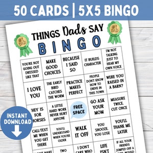 Juego de tarjetas BINGO del Día del Padre, 50 tarjetas y marcadores, juegos imprimibles para el día del padre o el cumpleaños de papá, juego de cosas divertidas que dicen los papás, regalo para papá