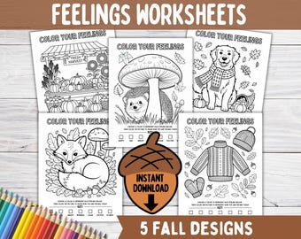Feelings Emotions Fall Autumn Coloring Page for Kids, Art Play Therapy Worksheet, School Social Work, CBT Coloring Sheet for Adults and Kids