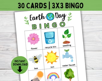 Activités préscolaires avec carte de bingo-test du Jour de la Terre, activité de recyclage imprimable pour la classe du Jour de la Terre, jeux de fête pour la classe de maternelle préscolaire à l'école à la maison