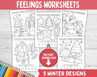 Feelings Emotions Winter Coloring Page for Kids, Art Play Therapy Worksheet, School Social Work, Adult and Teen Counseling CBT Activities