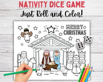 Christmas Roll a Nativity Dice Coloring Activity, Simple Preschool Game for Kids, Christian Holiday Party Games, PSR Class Art Activities